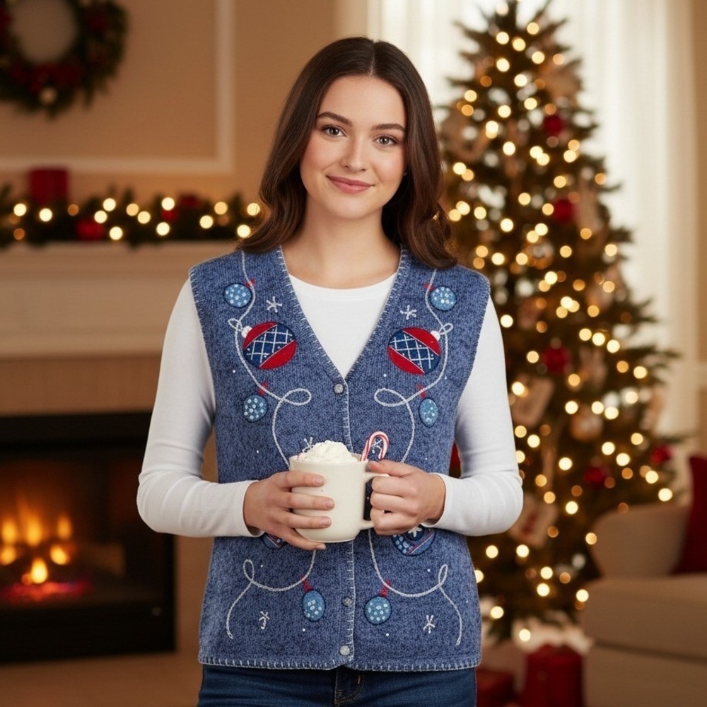 Bobbie Brook Sweater‎ Vest Women's XL 16-18 Christmas Ornaments Holidays Blue
